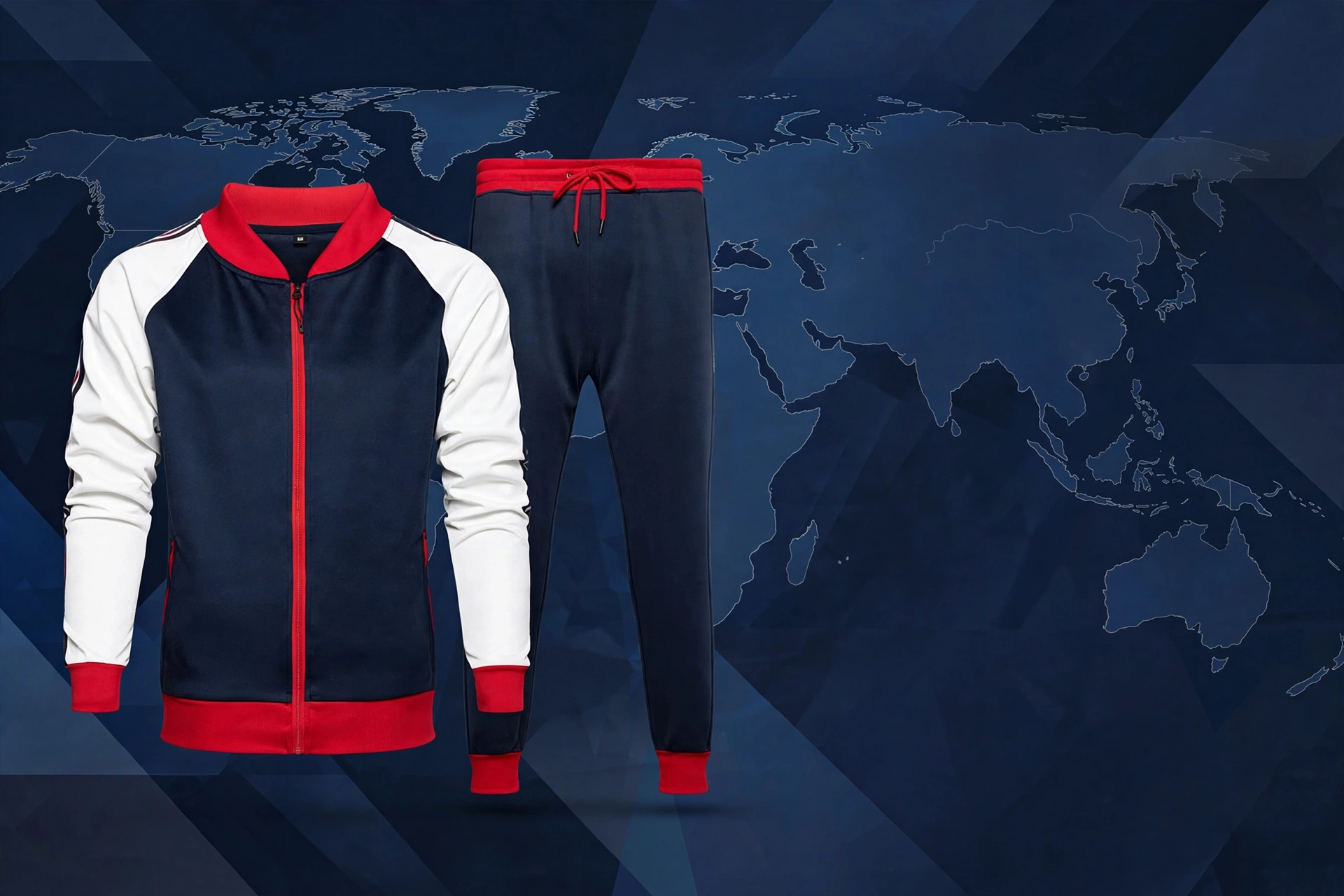 Navy blue white and red Deuka Wear tracksuit jacket and pants floating over dark world map showing OEM ODM private labelling digital sublimation seamless global logistics routes to USA Canada — global sportswear excellence gateway 1536x1024
