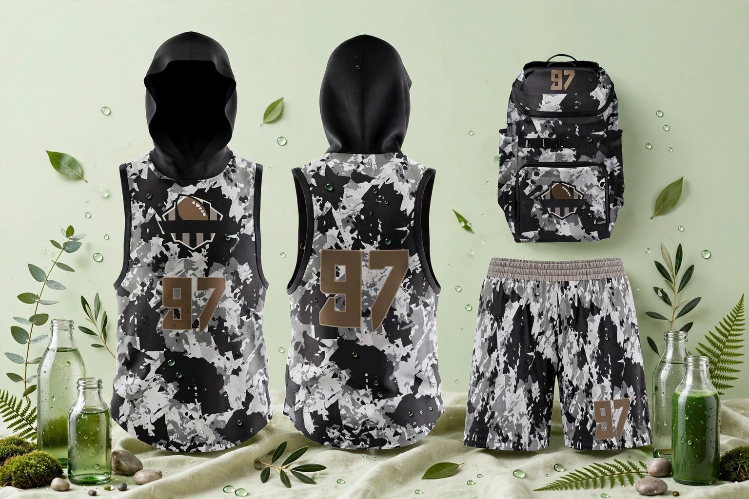 Non-toxic sublimation inks certified water-based inks free of heavy metals and azo dyes - safe custom 97 camo 7 on 7 kit with hooded jersey shorts and backpack - Deuka Wear eco friendly manufacturing