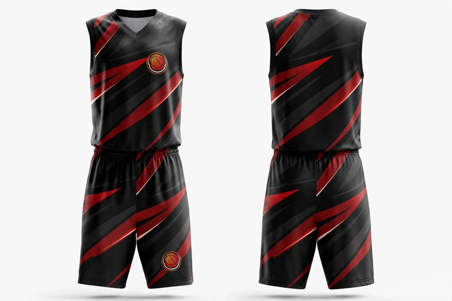 Black and red basketball uniform showcasing non-toxic sublimation ink vibrancy