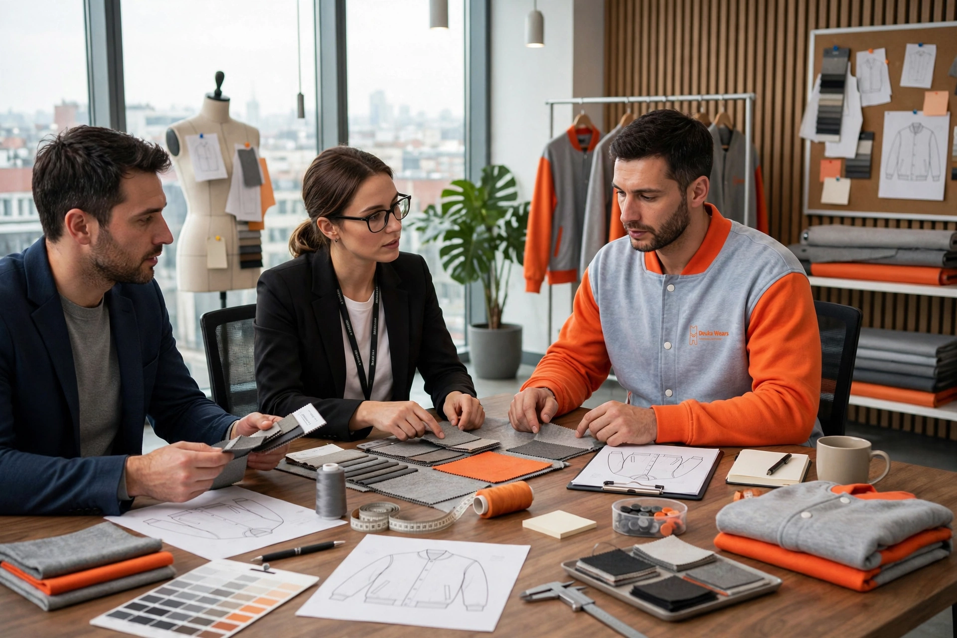 Light grey and orange Deuka Wears varsity jacket in corporate apparel office meeting with team reviewing tech packs fabric swatches color charts and sample prototypes - streamlining enterprise partnership 1536x1024