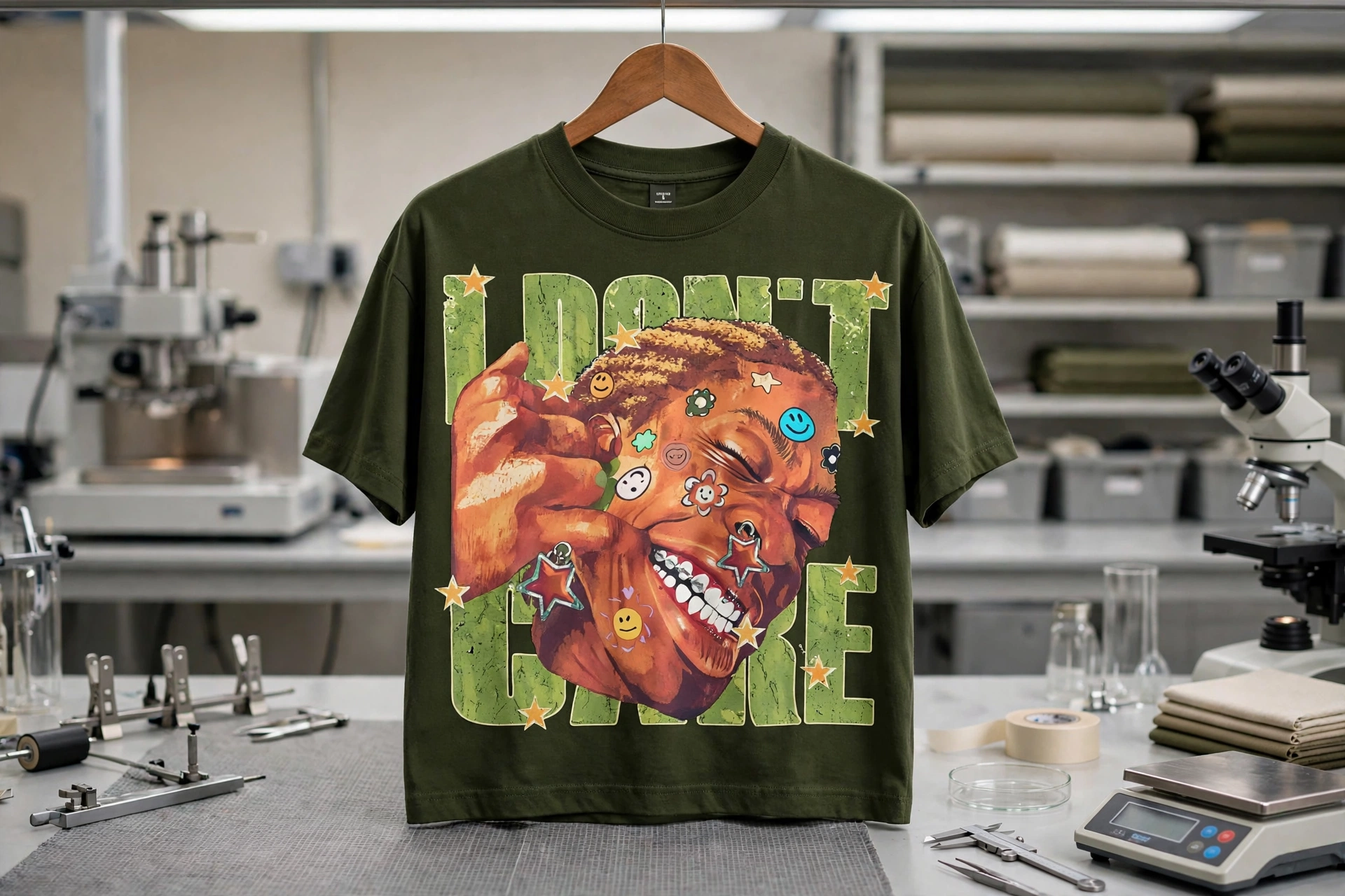 Olive green I DON'T CARE graphic t-shirt with face and stars hanging on wooden hanger in premium apparel durability testing lab with GSM scale microscope and combed ring-spun cotton fabric rolls - anti-curl collar and double-needle stitching quality control