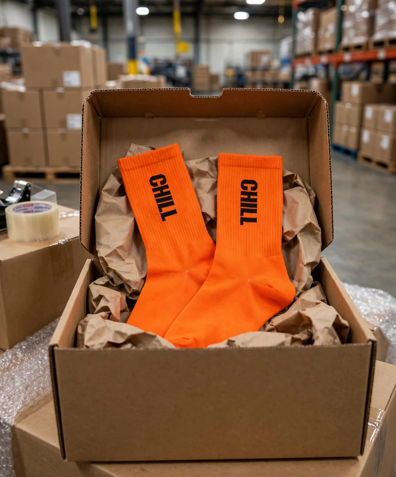 Bright orange CHILL crew socks with black vertical text packed securely in durable brown master carton with kraft paper in warehouse fulfillment center - global delivery