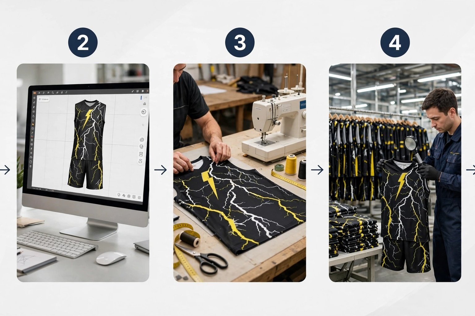 Step-by-step guide to ordering custom 7 on 7 kits - design consultation 3D rendering approval sample prototyping mass production quality control global logistics - Deuka Wear Lightning 24 workflow