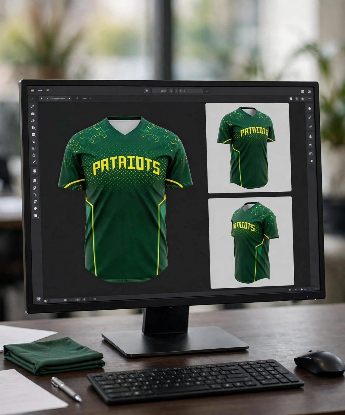 ATRIOTS jersey 3D mockup on monitor with front and side views.
