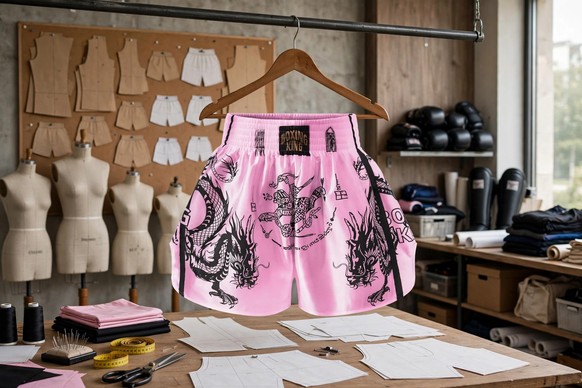 Pink Boxing King Muay Thai shorts with black dragon graphics hanging on hanger in grading studio with XS to 4XL pattern templates and mannequins - granular grading sizing