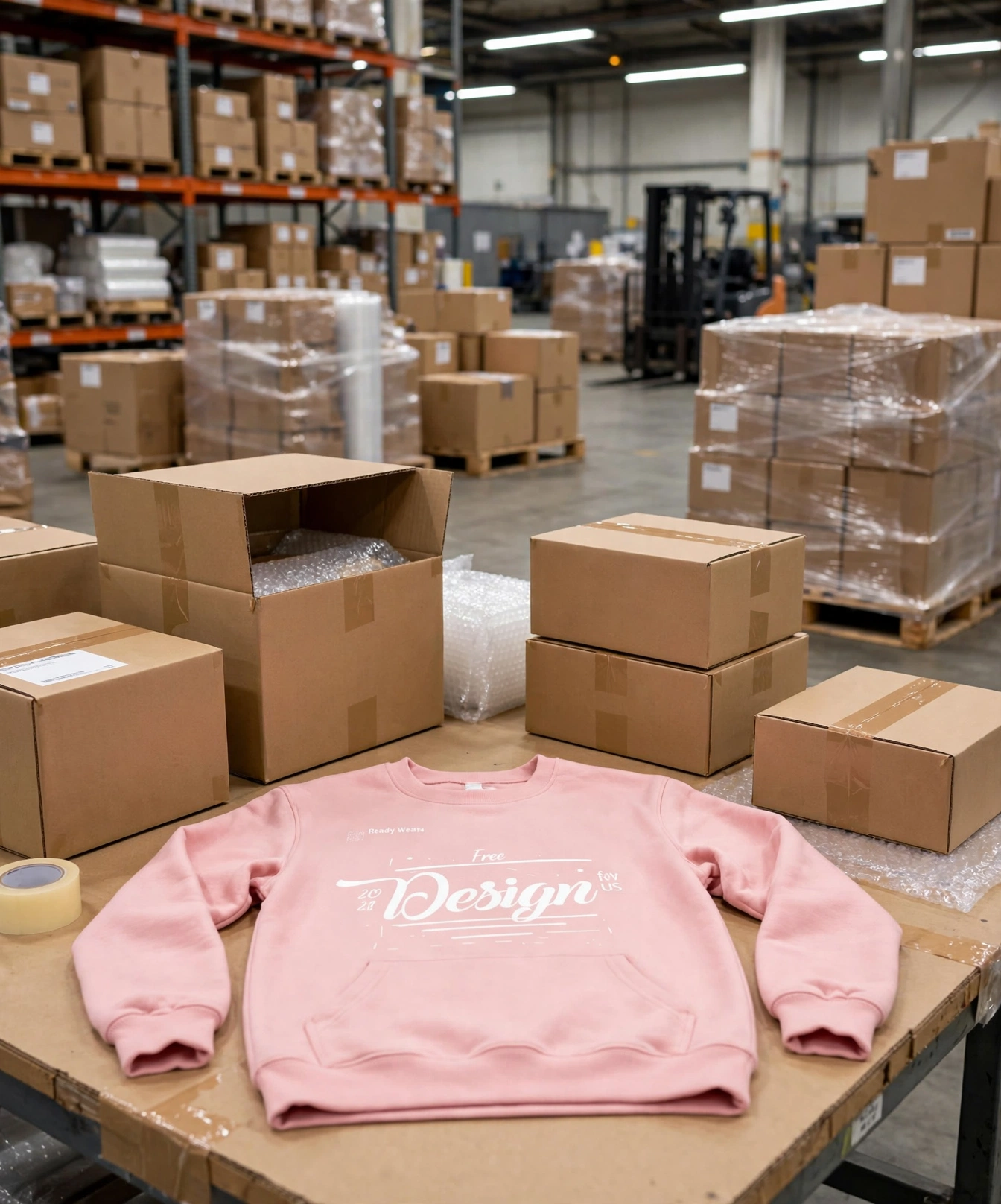 Light pink crewneck sweatshirt with white Free Design graphic on packing table surrounded by durable master cartons in fulfillment warehouse - global logistics and fulfillment 423x509