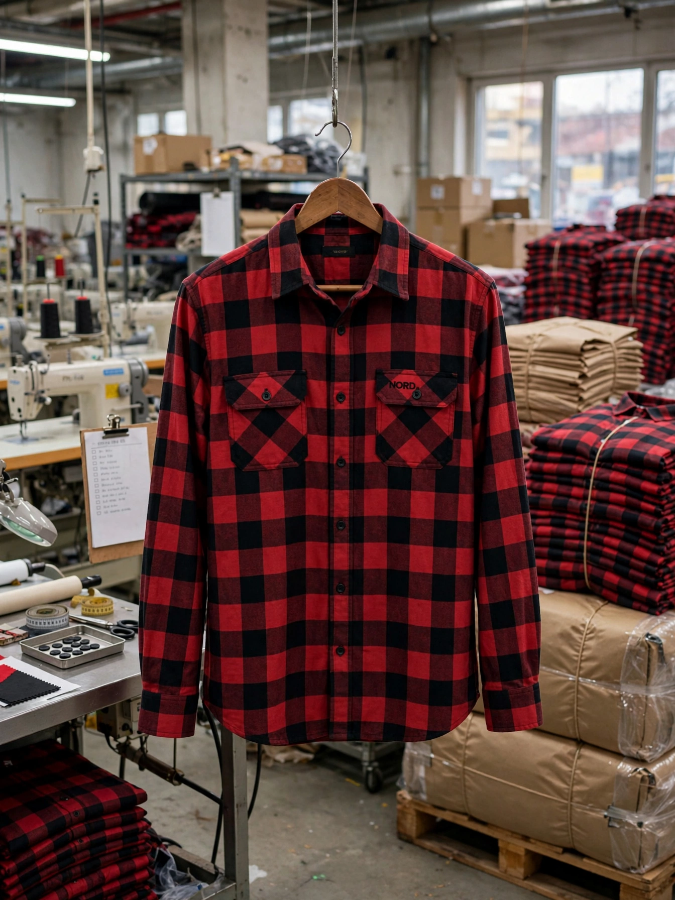 Red and black buffalo plaid flannel shirt hanging on hanger in mass production factory with sewing machines, quality control checklist clipboard, buttons tray and stacked bulk folded shirts - bulk order timeline and quality control