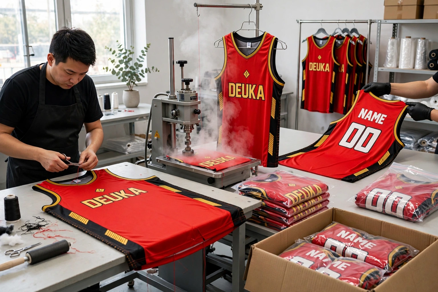 : Red and gold DEUKA jerseys in post-production finishing area with thread trimming steam pressing manual inspection poly-bagging and boxing