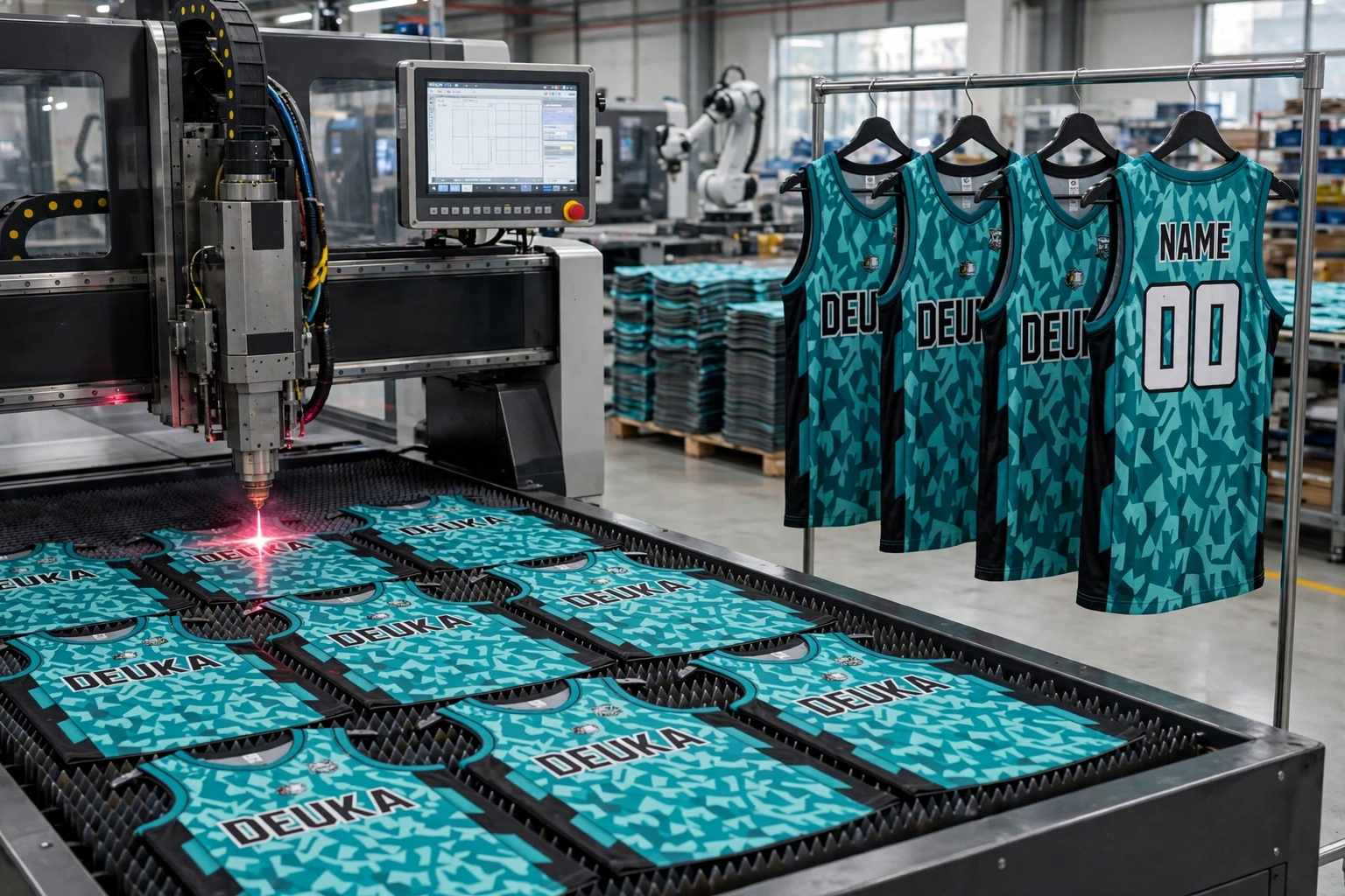 Teal DEUKA basketball jerseys being cut by automated CNC laser cutter ensuring uniformity in bulk orders