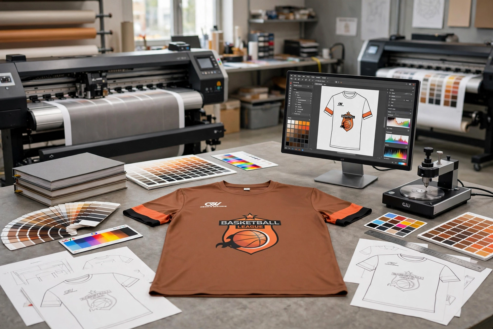 Brown basketball league t-shirt on prepress verification table with PMS color books, tech pack line drawings, monitor showing vector file and high-speed digital plotters - prepress and vector verification 1536x1024