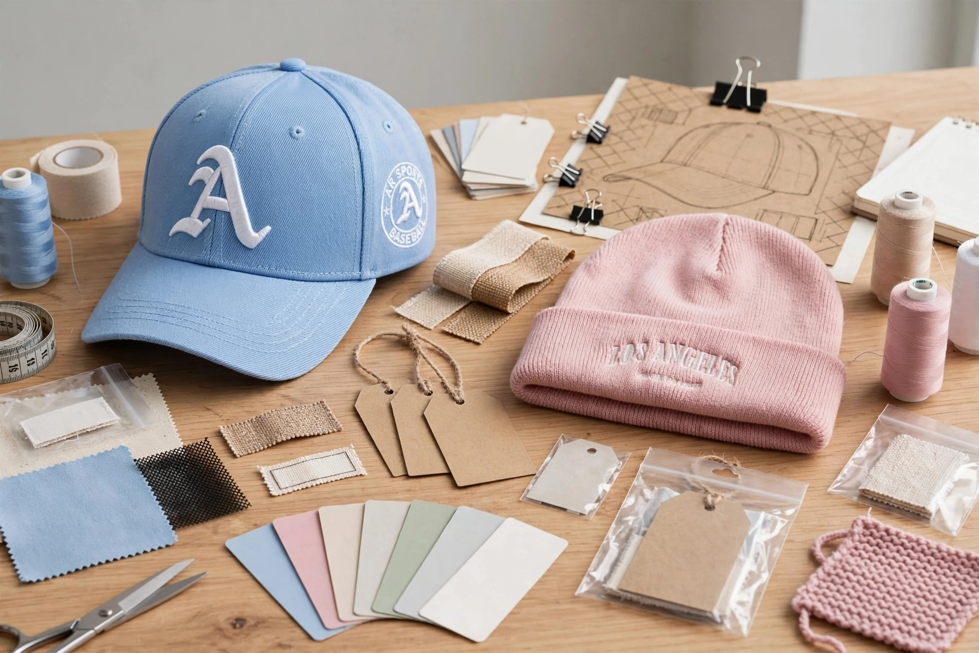 Light blue cap with white A logo and pink Los Angeles beanie on design table surrounded by Pantone color swatches, fabric samples, woven tags, branded taping, hangtags and polybags - total creative freedom