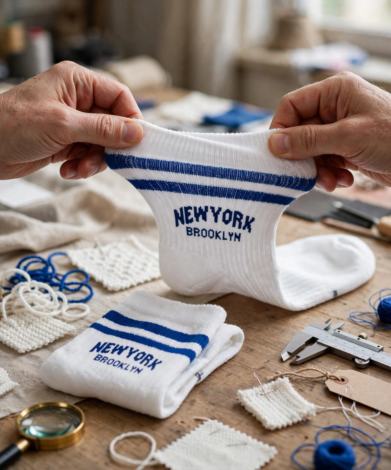 White NEW YORK BROOKLYN socks with blue stripes being stretched by hands to test stretch yarn softness jacquard knitting - review your prototypes pre-production samples