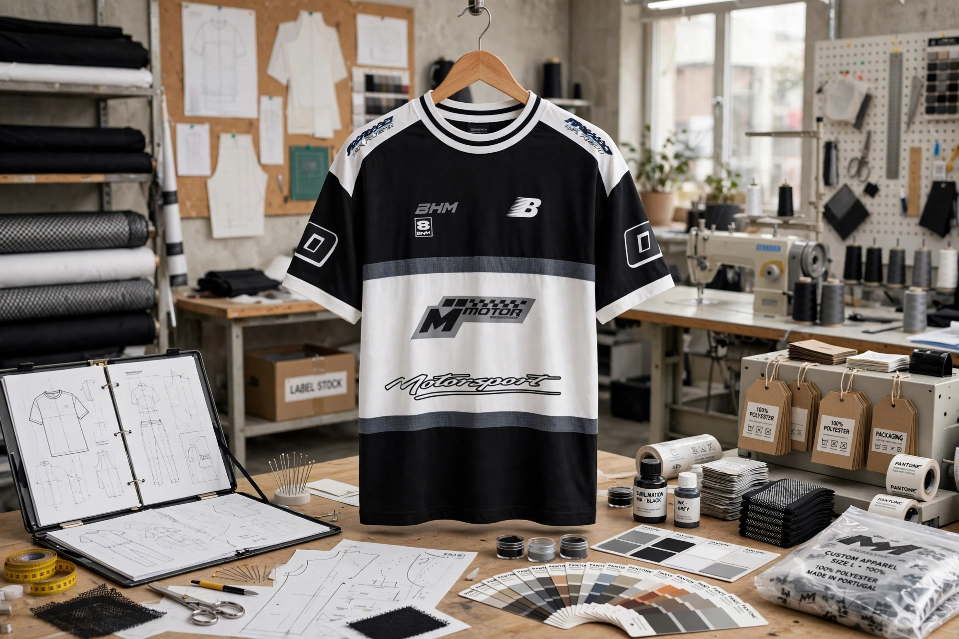 Black and white Motorsport racing graphic t-shirt hanging on wooden hanger in customization options studio with tech packs pattern development Pantone color matching and branded hangtags and custom polybags - custom silhouette services