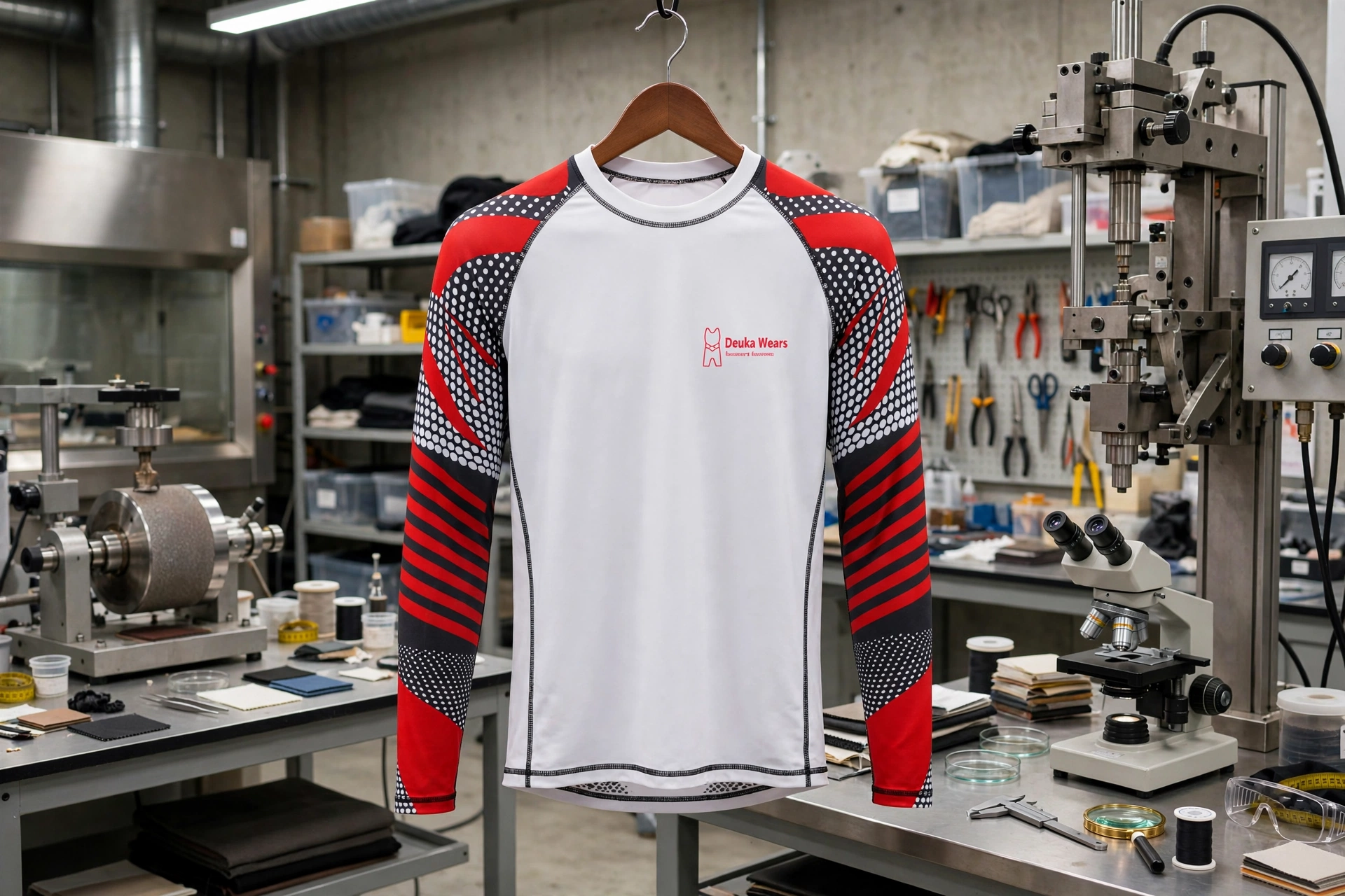 White red black patterned long-sleeve rash guard hanging on wooden hanger in textile engineering durability lab with flatlock seam testing and stretch recovery equipment - engineering durability and flexibility