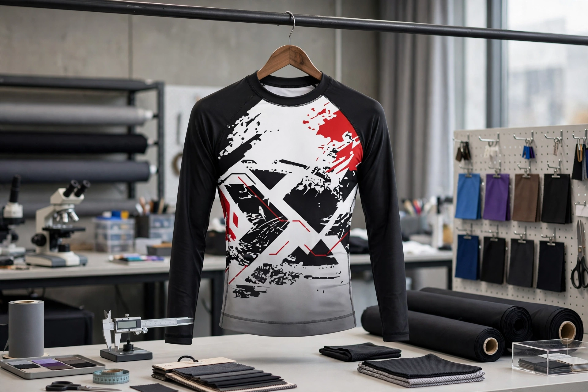 Black white and red geometric long sleeve BJJ rash guard hanging on wooden hanger in specialized compression sourcing lab with fabric rolls microscope and rank color panels - strategic importance of specialized compression sourcing