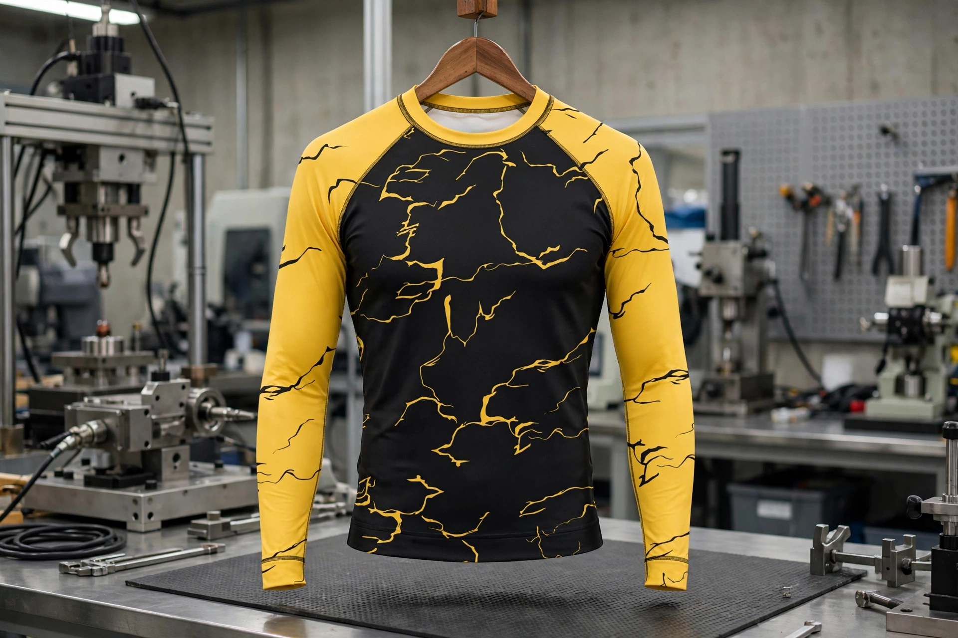 Black and yellow lightning crack long sleeve rash guard hanging on wooden hanger in fabric tear resistance testing lab with tensile machines - extreme tear resistance elastane microfiber composites
