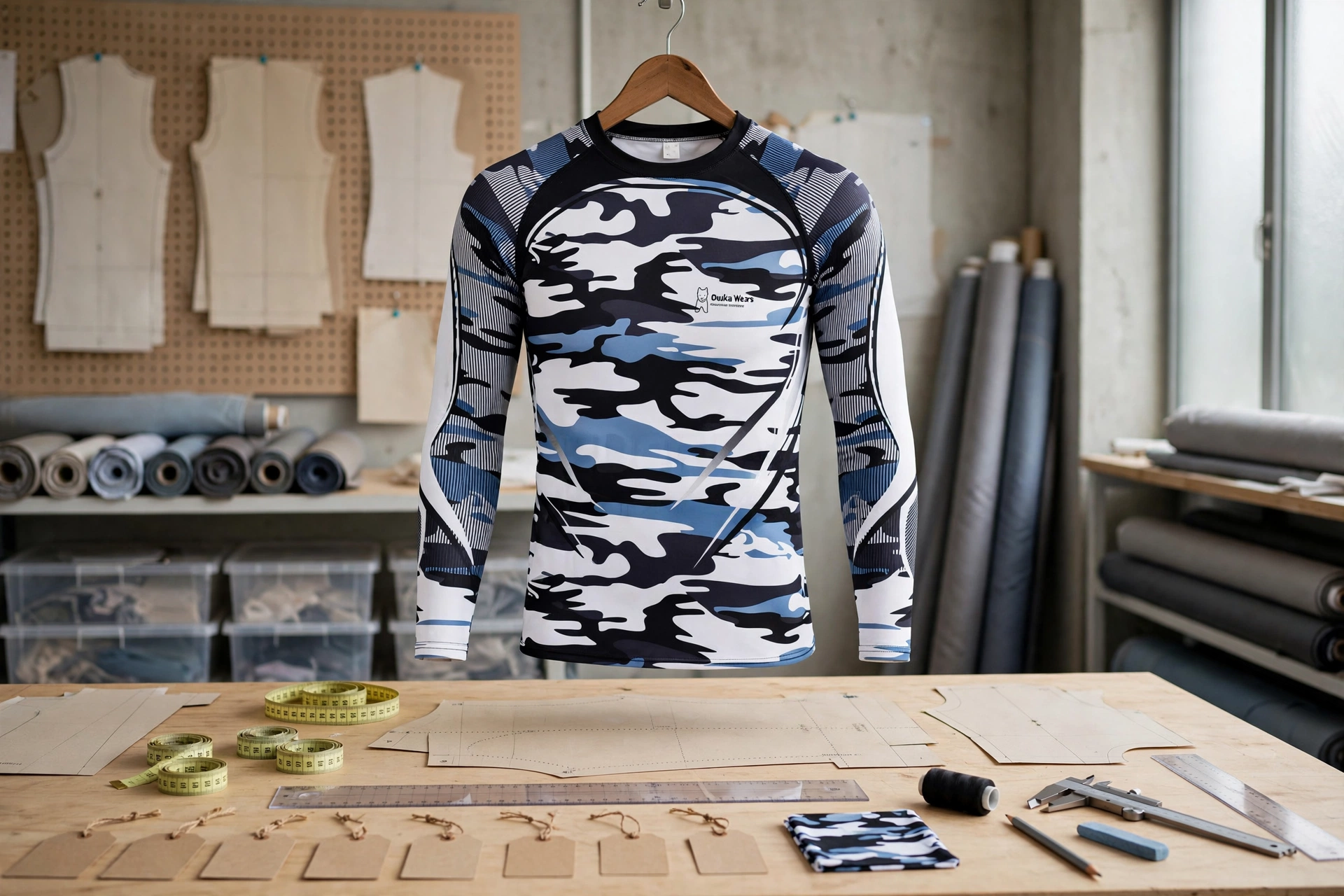 White black blue camo long-sleeve rash guard hanging on wooden hanger in granular grading studio with XS to 4XL sizing templates and measuring tapes - granular grading sizing
