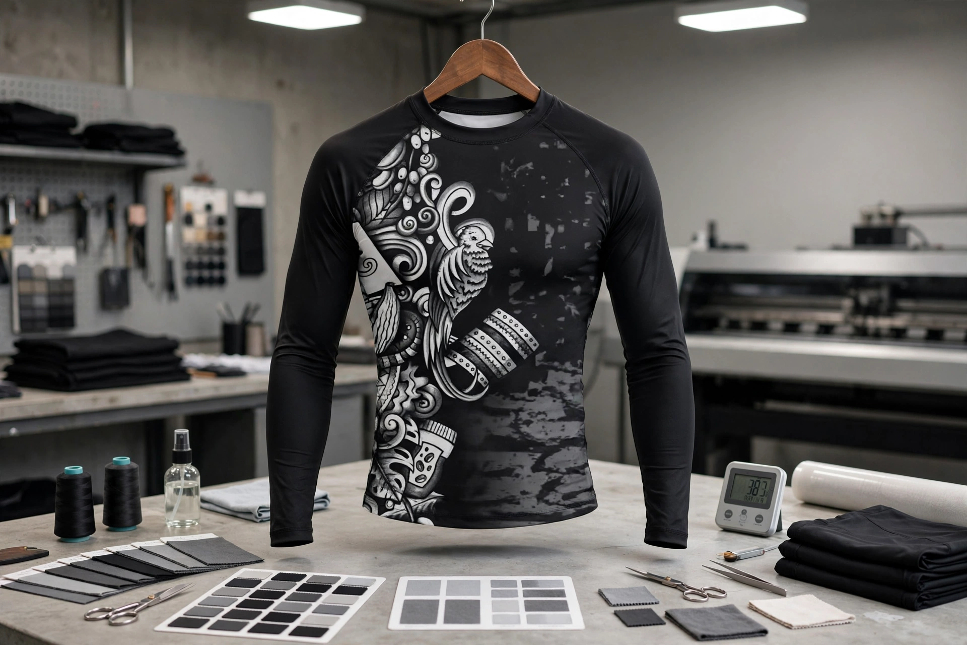 Black and white tribal tattoo bird artwork long sleeve rash guard hanging on wooden hanger in custom dyeing studio with pantone matching cards and digital sublimation printer - flawless brand consistency