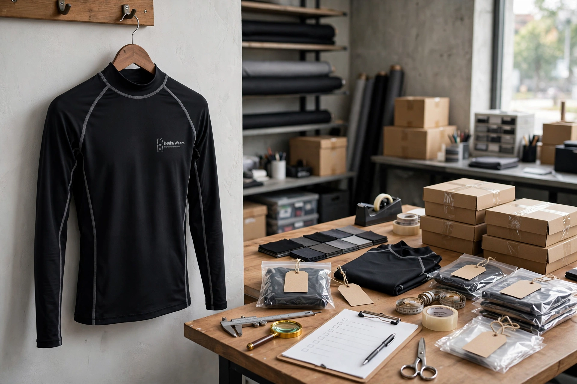 Black long-sleeve rash guard with grey piping hanging on wooden hanger in step-by-step ordering workflow studio with tech packs, QC checklist and packaged cartons - custom rash guard ordering guide