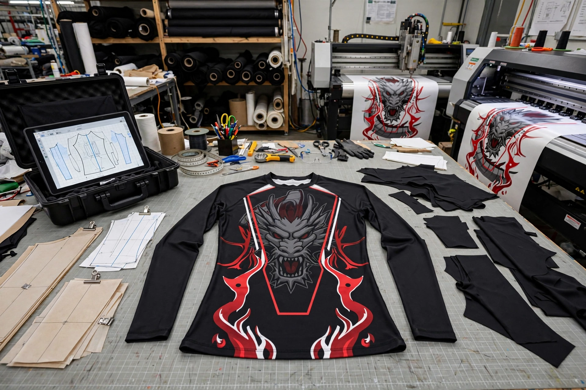 Black long sleeve dragon rashguard with grey dragon head and red flame pattern flat on cutting table with digital tech pack on tablet, pattern pieces, sublimation printer and CNC cutter - in-line cutting and printing QC 1536x1024