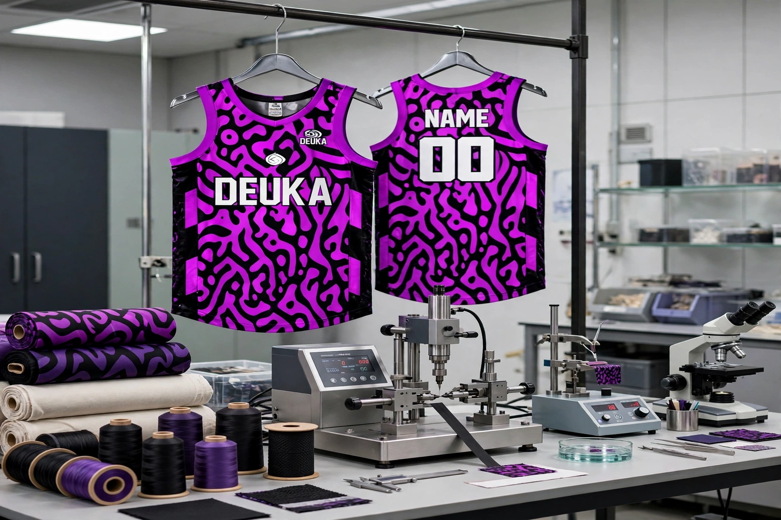 Purple DEUKA basketball jerseys in fabric inspection lab with fabric rolls thread spools and tensile strength testing equipment