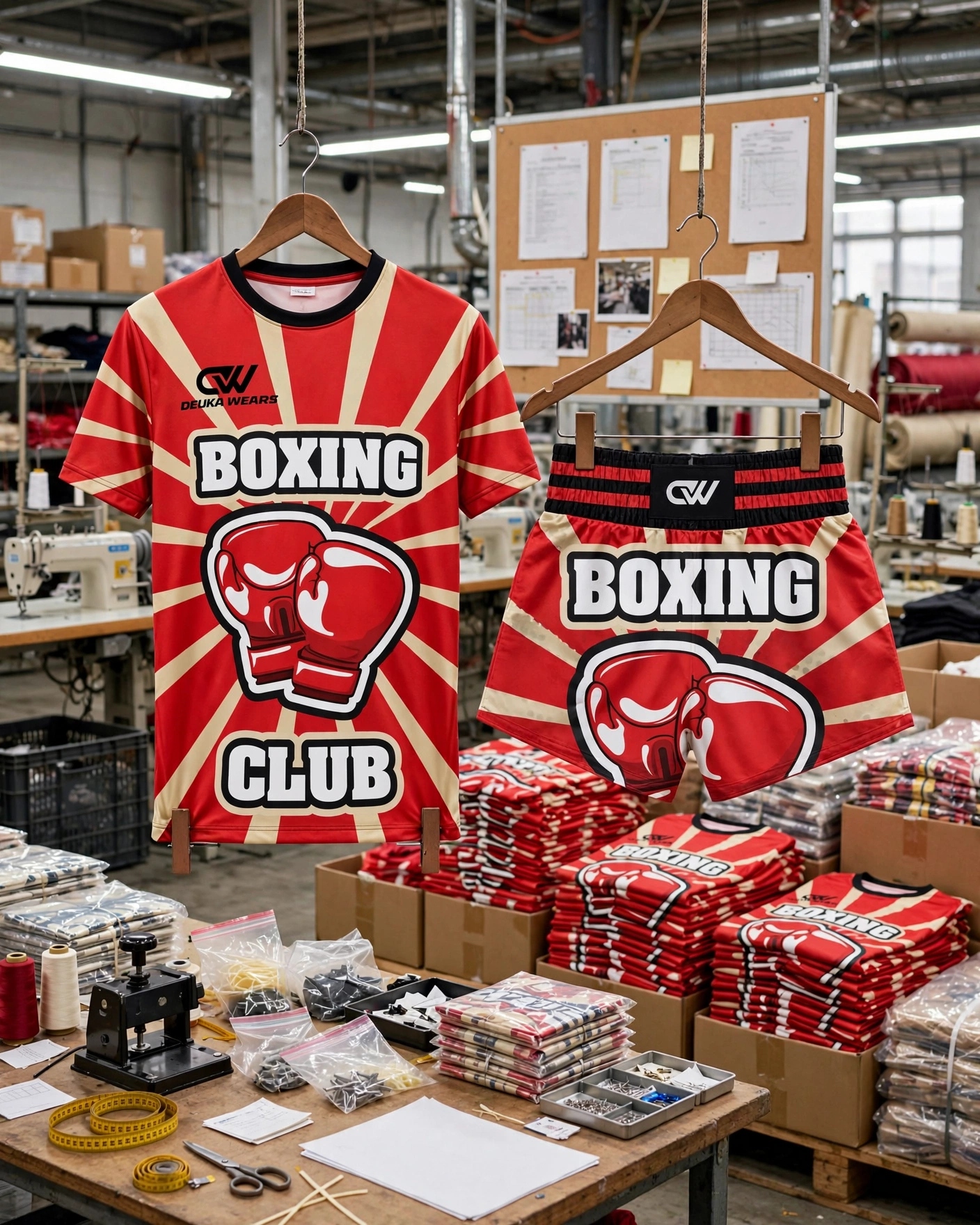 Red sunburst Boxing Club gloves t-shirt and shorts set hanging on wooden hangers in mass production factory with bulk order stacks - mass production quality control checkpoints