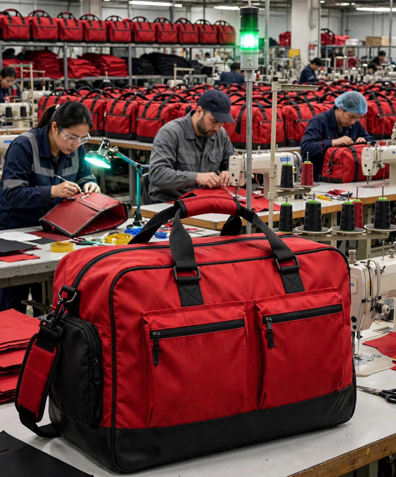 Red duffle bag with black base on factory sewing table with workers sewing bulk production rows of red bags behind - quality control at every stage