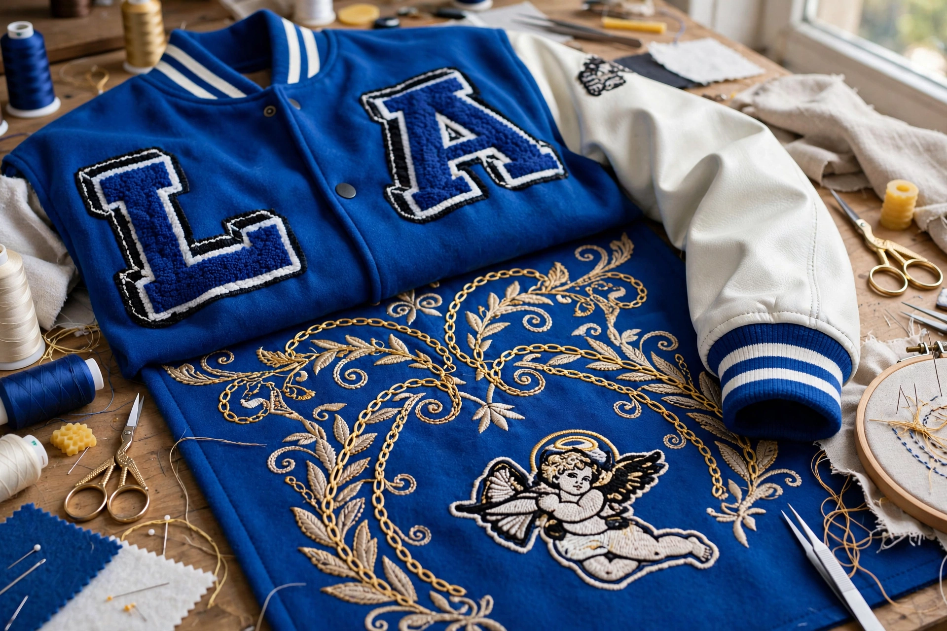 Flawless embellishment integration on royal blue varsity jacket - LA chenille embroidery, felt lettering, chainstitching and cherub direct embroidery craftsmanship on workbench