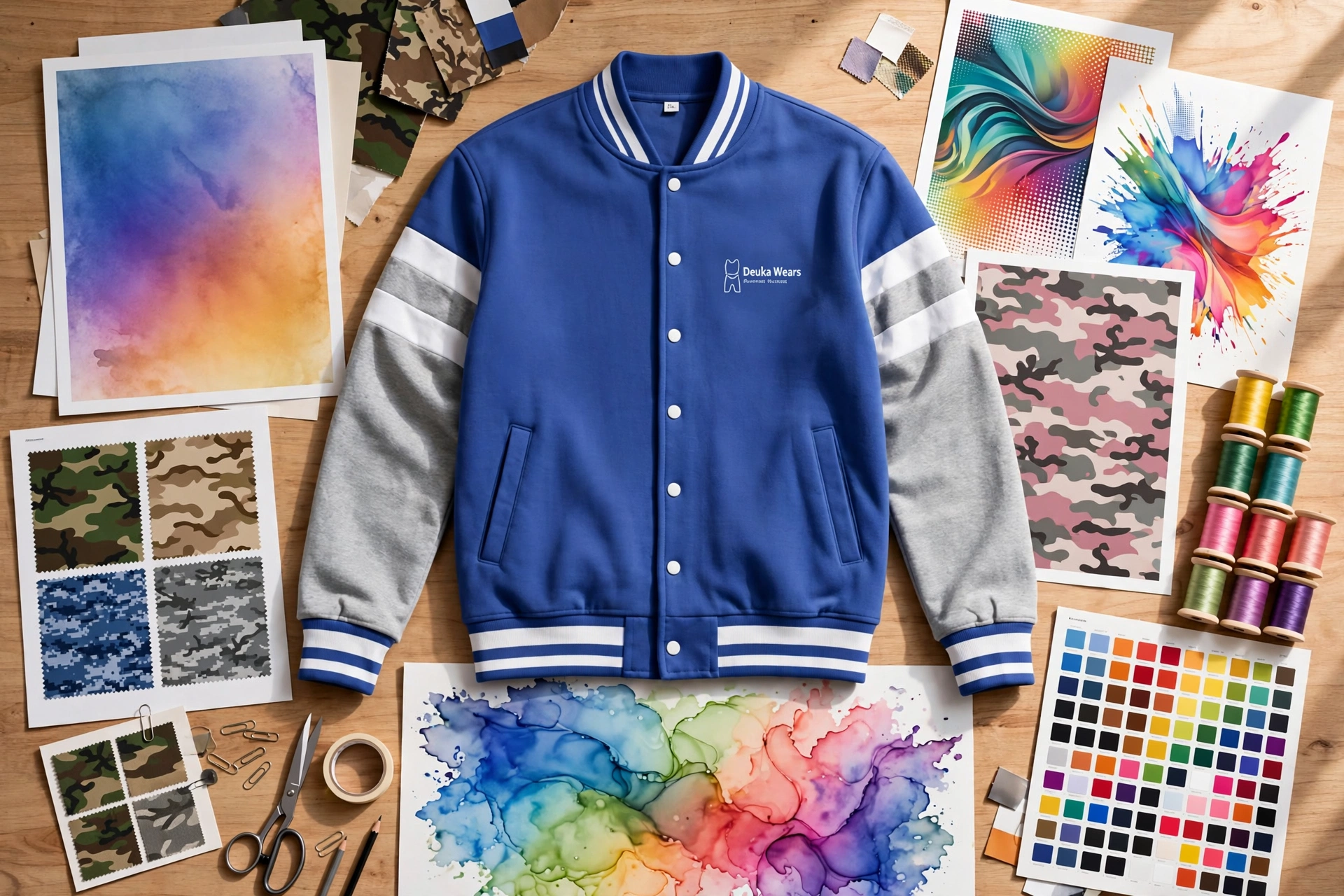 Royal blue and grey Deuka Wears varsity jacket flatlay surrounded by multi-color gradient sheets, camouflage patterns, color charts and thread spools - limitless design freedom custom sublimation 1536x1024