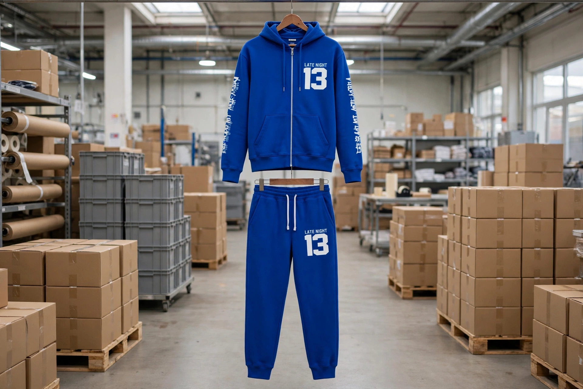 Royal blue zip-up hoodie and jogger tracksuit set with white LATE NIGHT 13 graphics hanging on hangers in streamlined production scalability warehouse with master cartons pallets and logistics inventory - single manufacturing partner uniform delivery