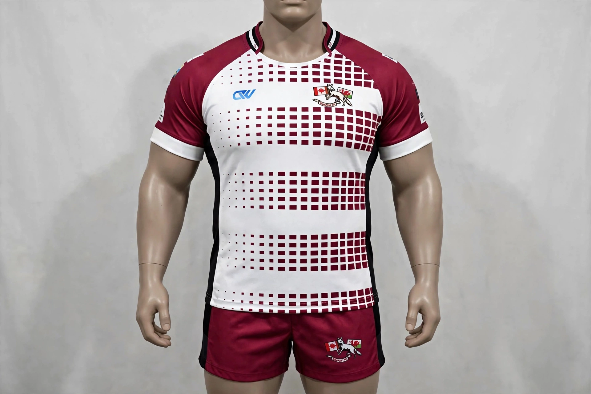 Standard fit comfort cut maroon white rugby jersey with generous chest width reinforced collar and balanced armholes for front row second row builds
