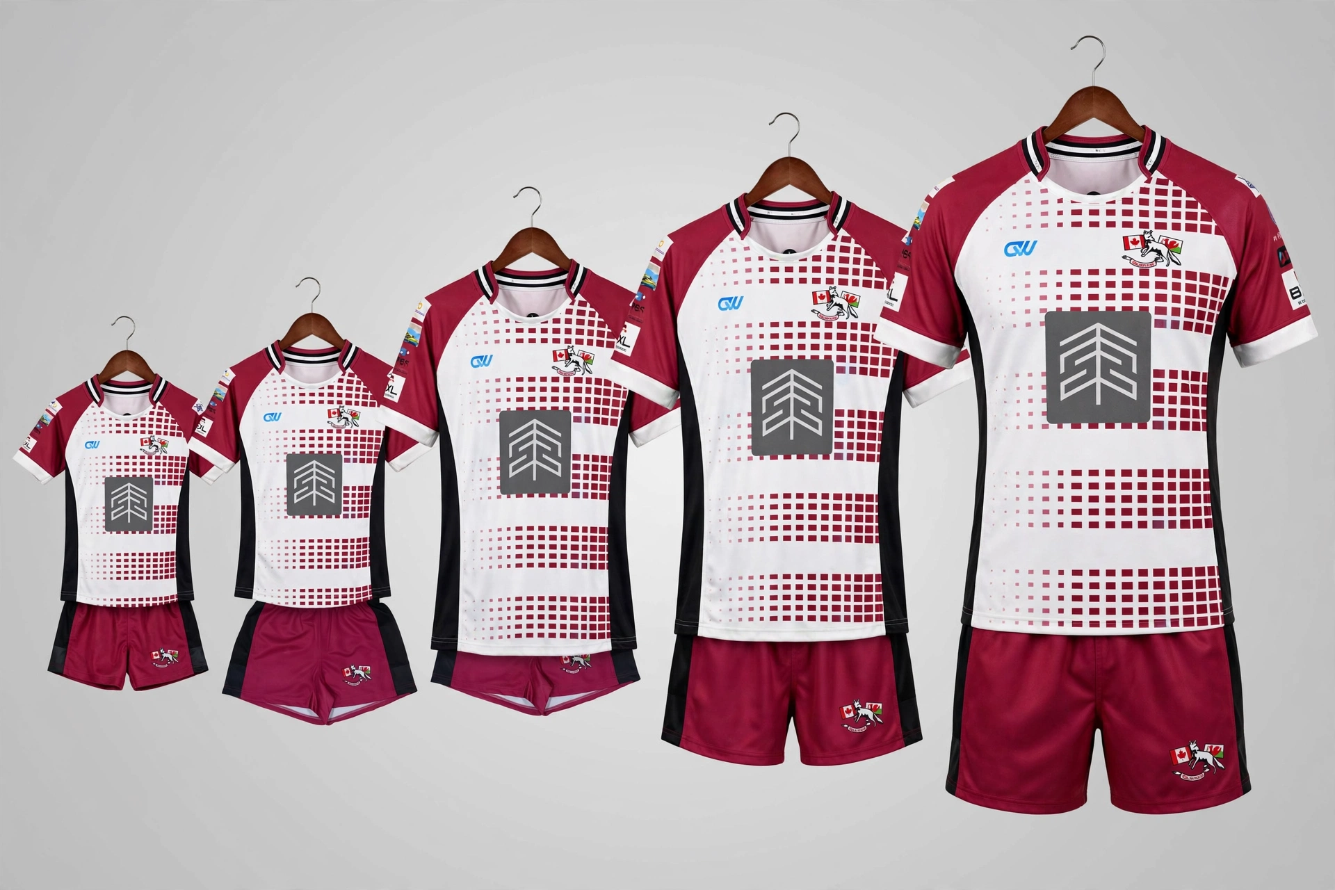 Granular grading maroon white rugby kits displayed in sizes from youth to adult 6XL showing precise fits for all age divisions