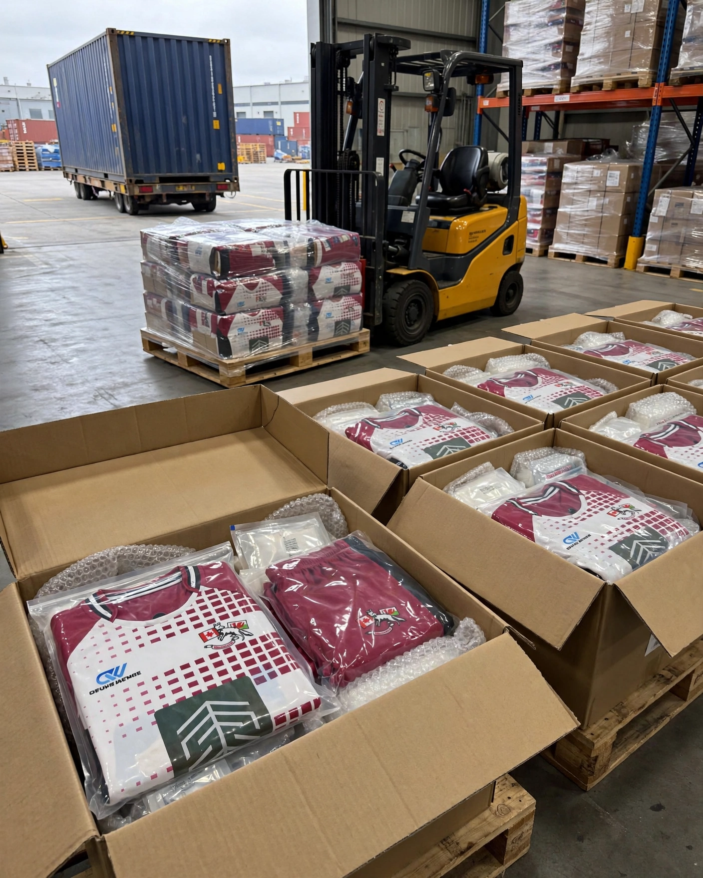 Global logistics for maroon white rugby kits packed in protective moisture-resistant cartons ready for international freight shipment