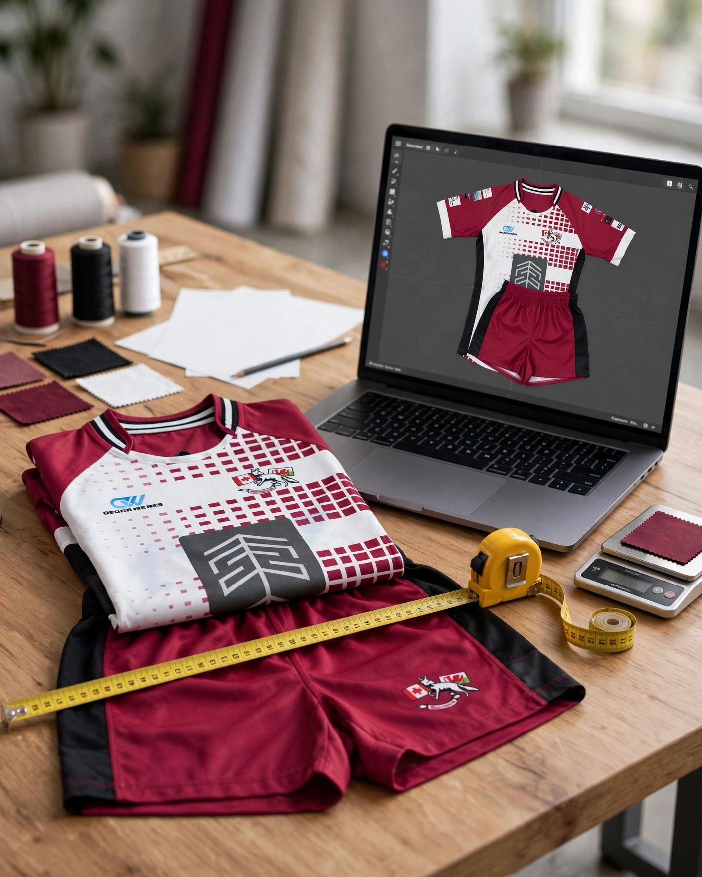 Mockup and sample approval workspace showing maroon white rugby kit physical sample with 3D digital rendering on laptop and measuring tape for fit check