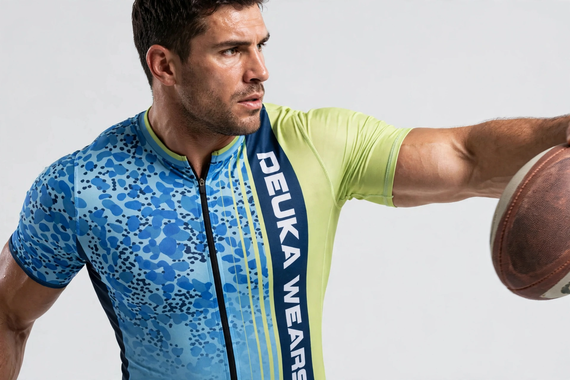 DEUKA WEARS rugby pro-fit sublimated jersey with generous chest width and reinforced non-restrictive armholes on powerful athlete during pass