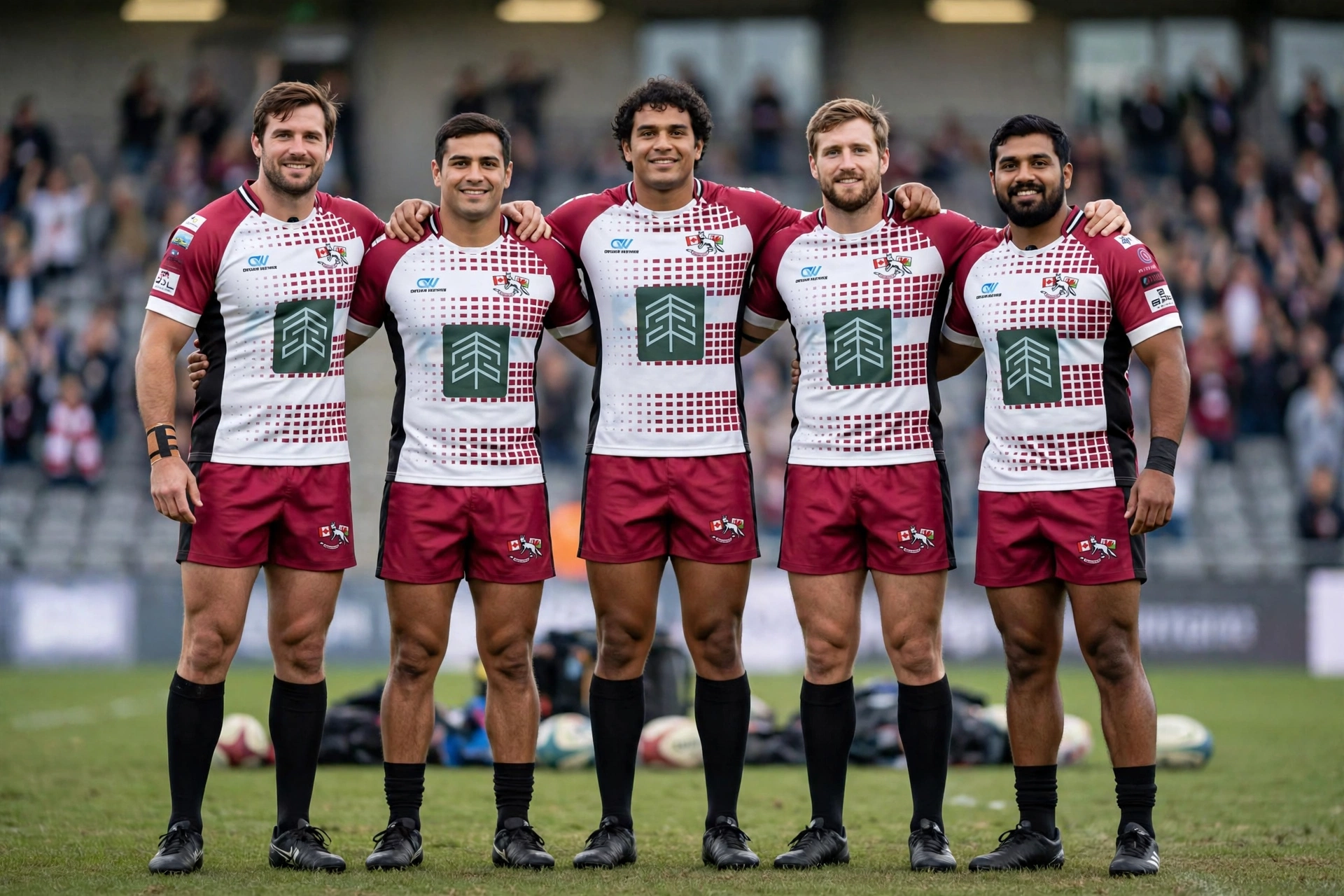 Professional brand image with coordinated maroon white rugby team lineup pitch-side showing prestige to attract talent and sponsorships
