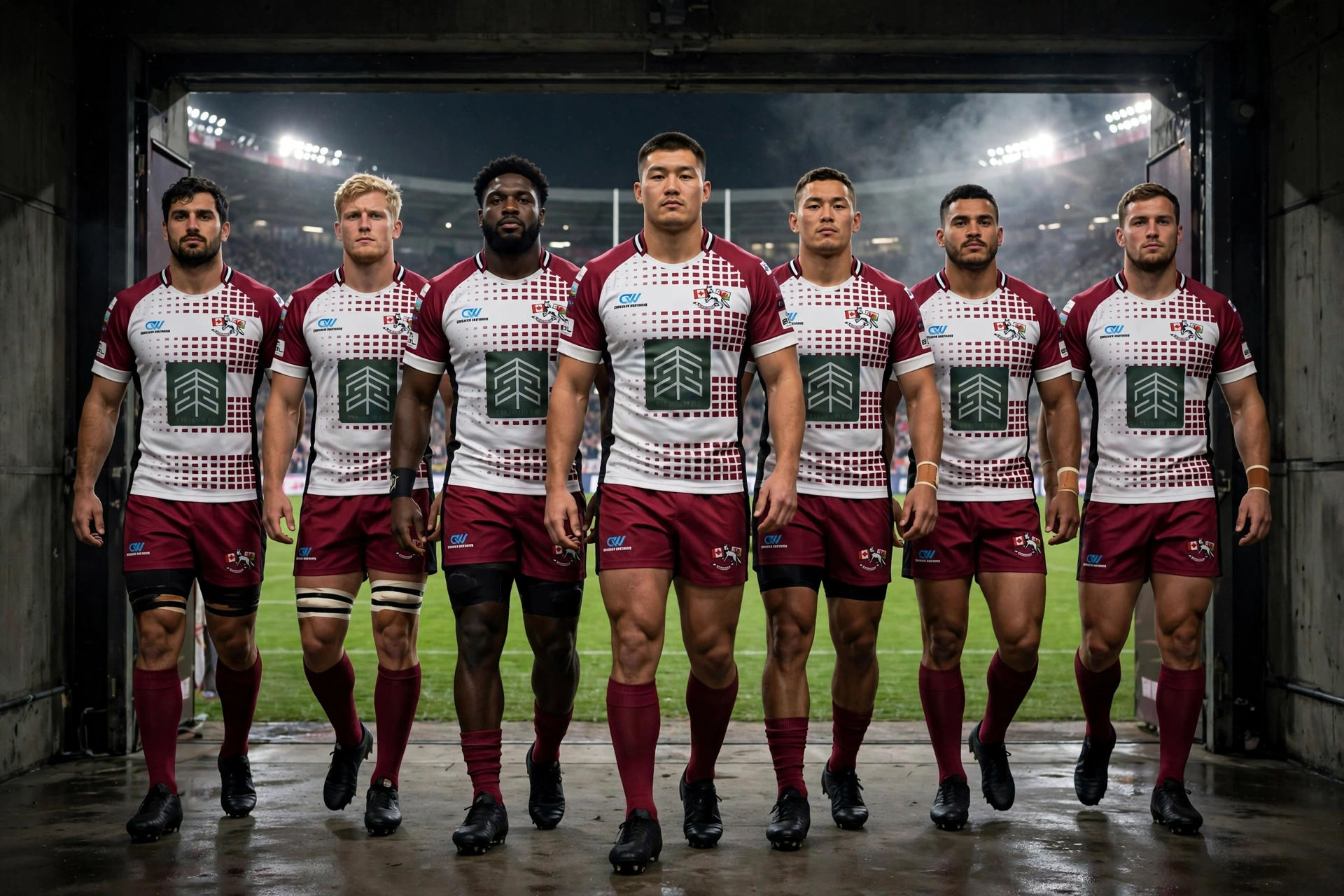 Rugby roster outfitted for pitch dominance in maroon white custom team uniforms showing confidence power and unity before match