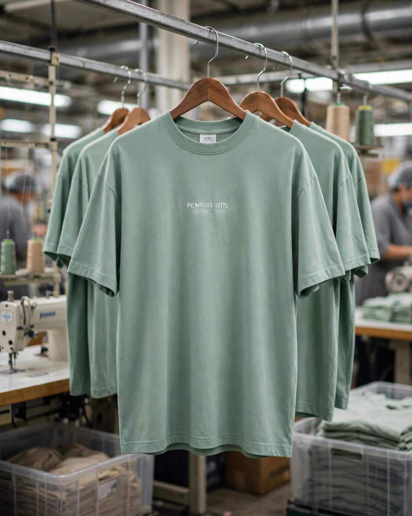 Sage green oversized boxy t-shirt with small white chest text hanging on wooden hanger in mass production factory with bulk order sewing lines and quality control checkpoints - strict timeline manufacturing