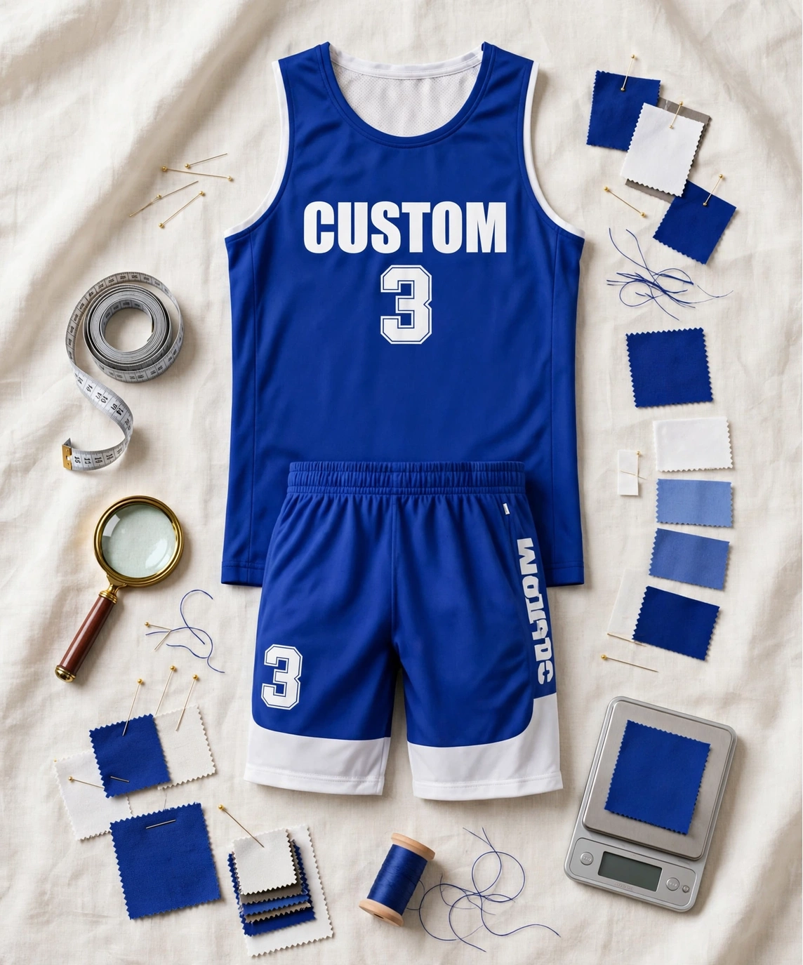 Sample prototyping of royal blue CUSTOM 3 basketball uniform with fabric swatches and quality check tools