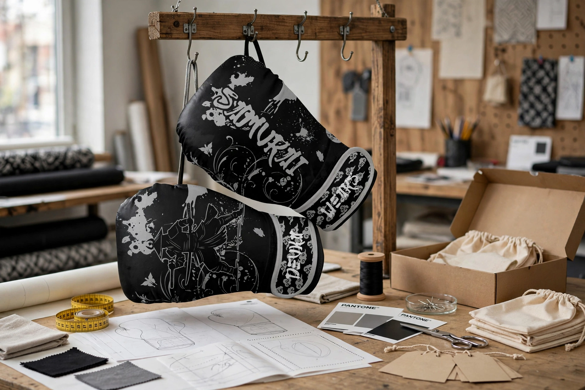 Black Samurai Deuka Wears boxing mitts hanging in customization design studio with tech pack sketches Pantone cards and packaging - customization options brand identity