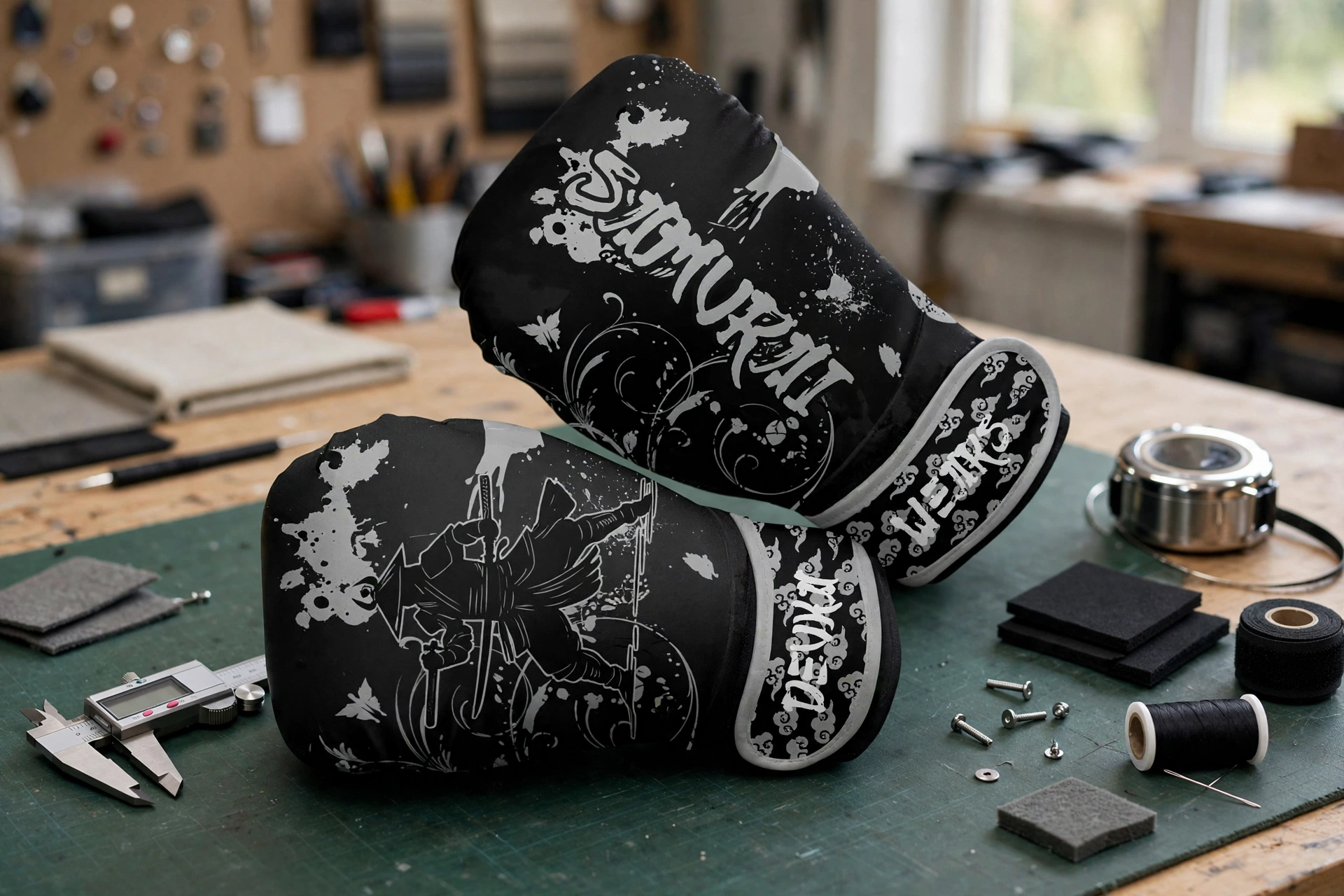 Black Samurai Deuka Wears bag mitts on workbench with caliper measuring tools foam padding thickness and strap dimensions - custom spec sheet adherence
