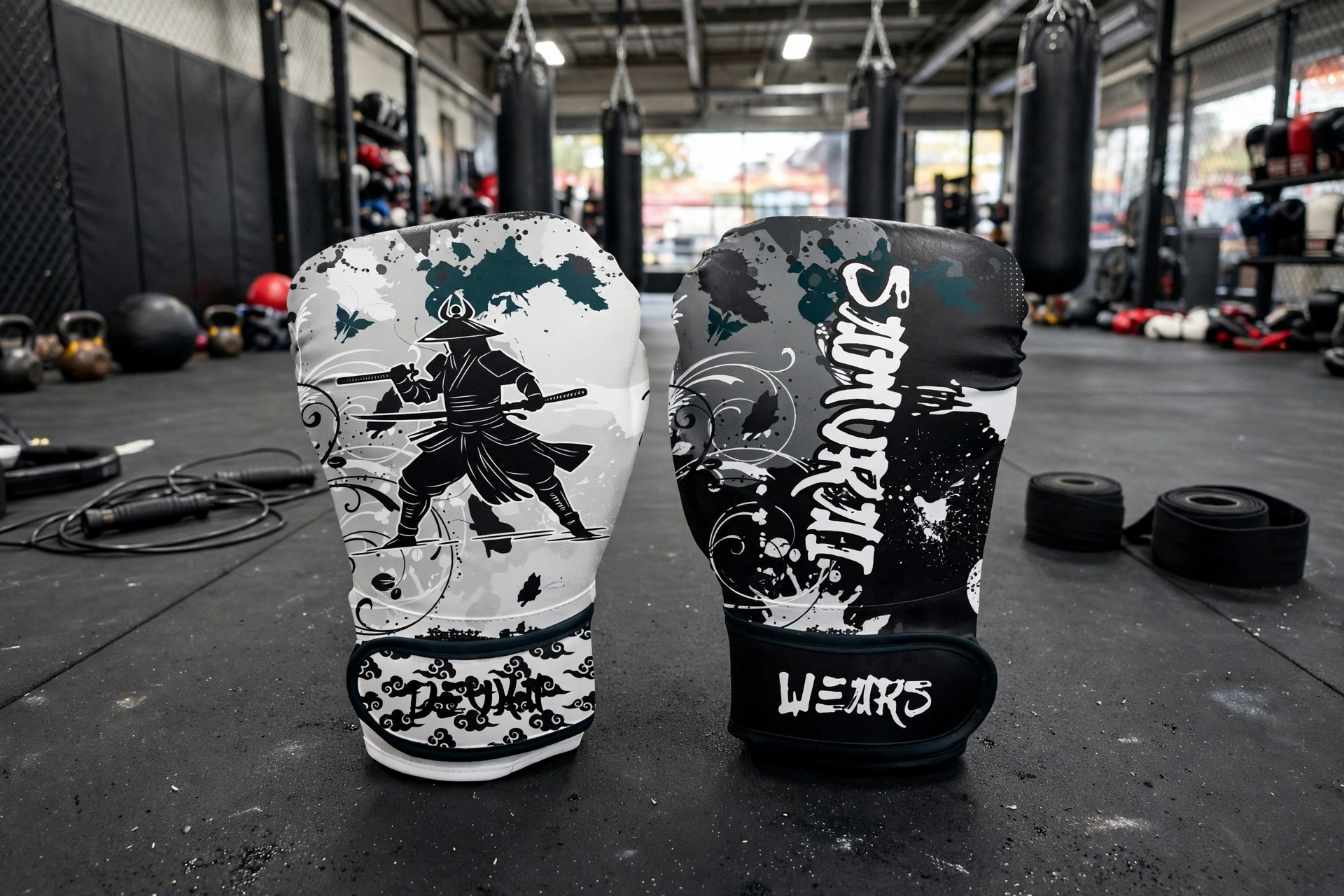 White and black Samurai Deuka Wears bag mitts standing on boxing gym floor with heavy bags kettlebells and jump rope - competition compression fit balanced padding