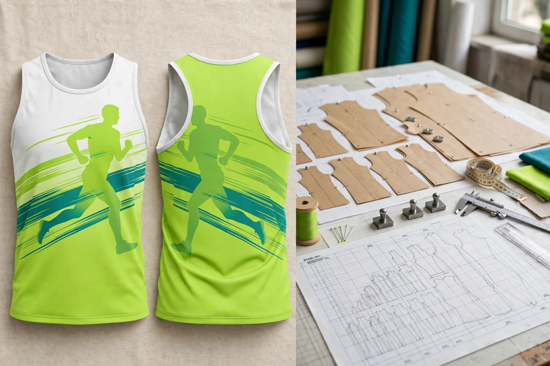 Lime green white running singlet front and back with runner silhouette graphic alongside CAD pattern grading table with size matrices from youth to 4XL - precision engineering and pattern grading 1536x1024
