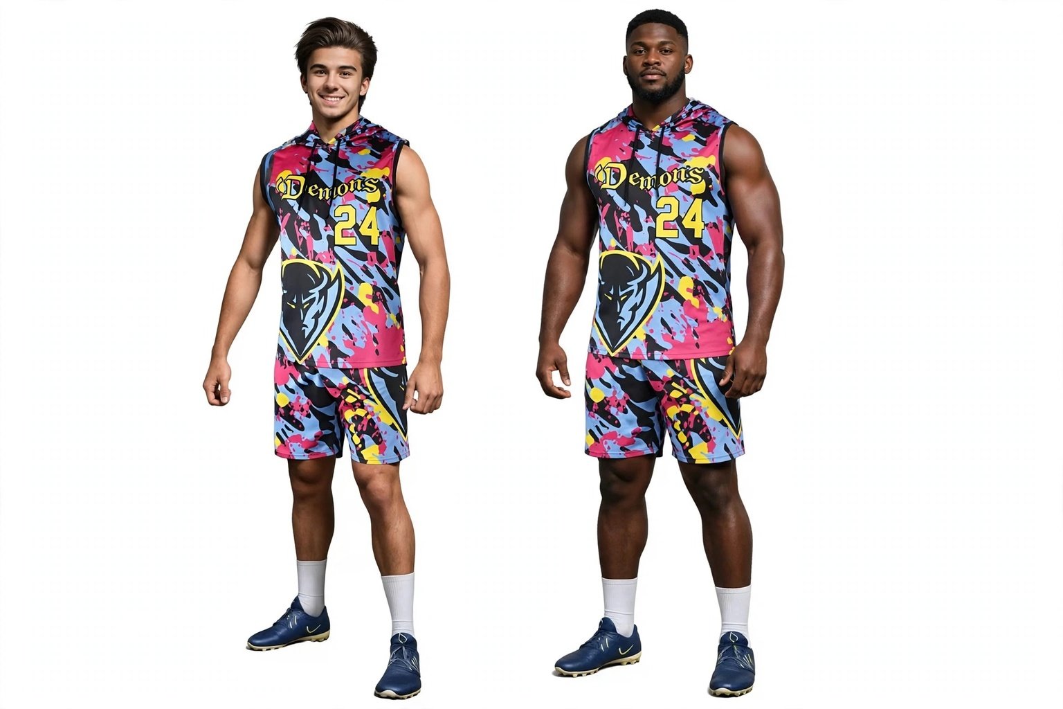ailoring for success sizing matrices and athlete comfort - Demons 24 custom 7 on 7 kits in Pro-Fit and Comfort-Flex cuts from youth to adult 4XL - Deuka Wear