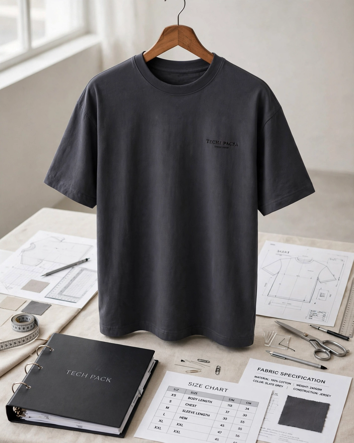 Dark slate grey oversized boxy t-shirt with small chest logo hanging on wooden hanger on tech pack and design submission desk with vector artwork size chart and fabric specifications - wholesale custom apparel