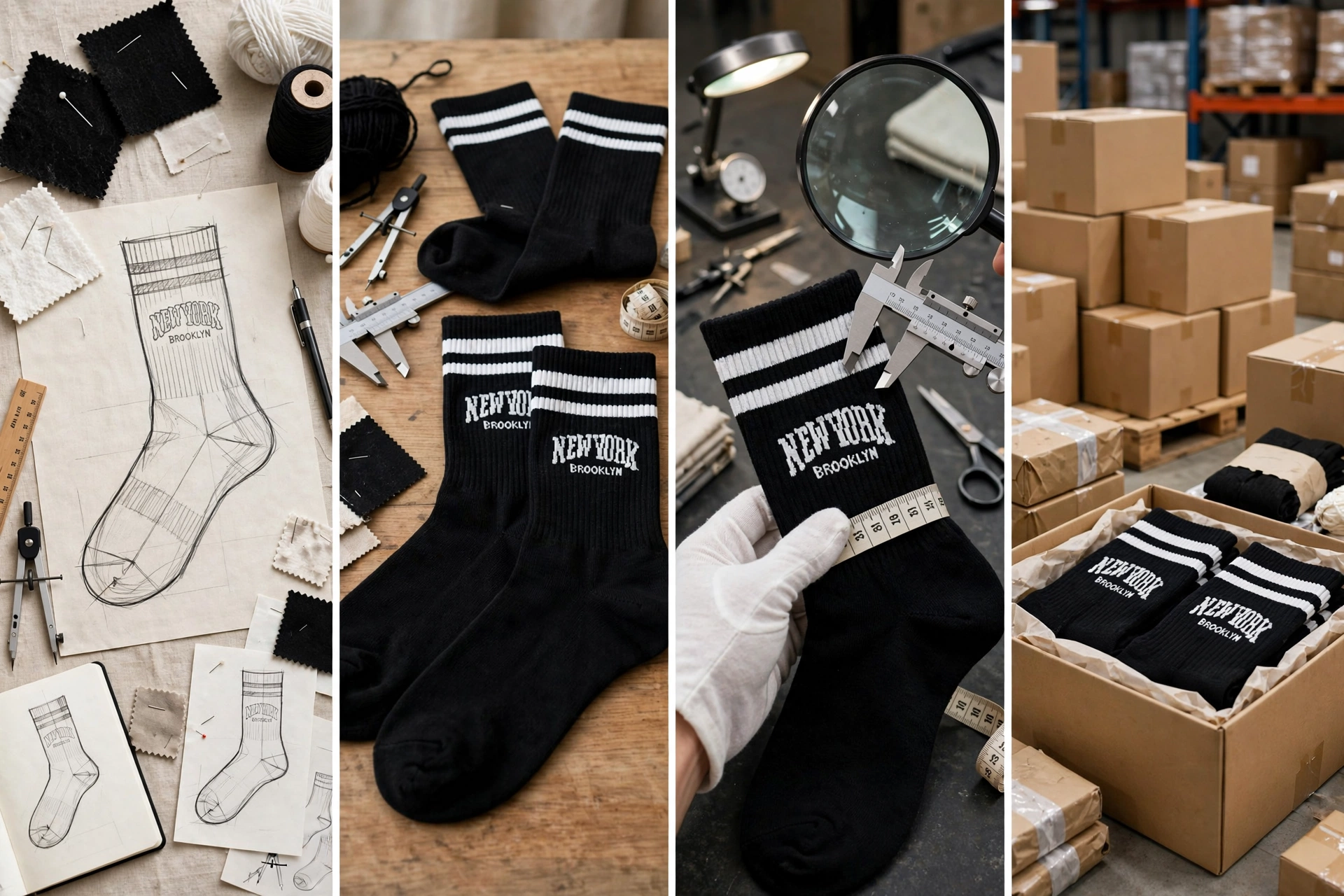 Black NEW YORK BROOKLYN socks with white stripes showing 4-step custom sock ordering workflow tech pack sketch prototype samples quality control inspection caliper and global delivery master cartons 1536x1024