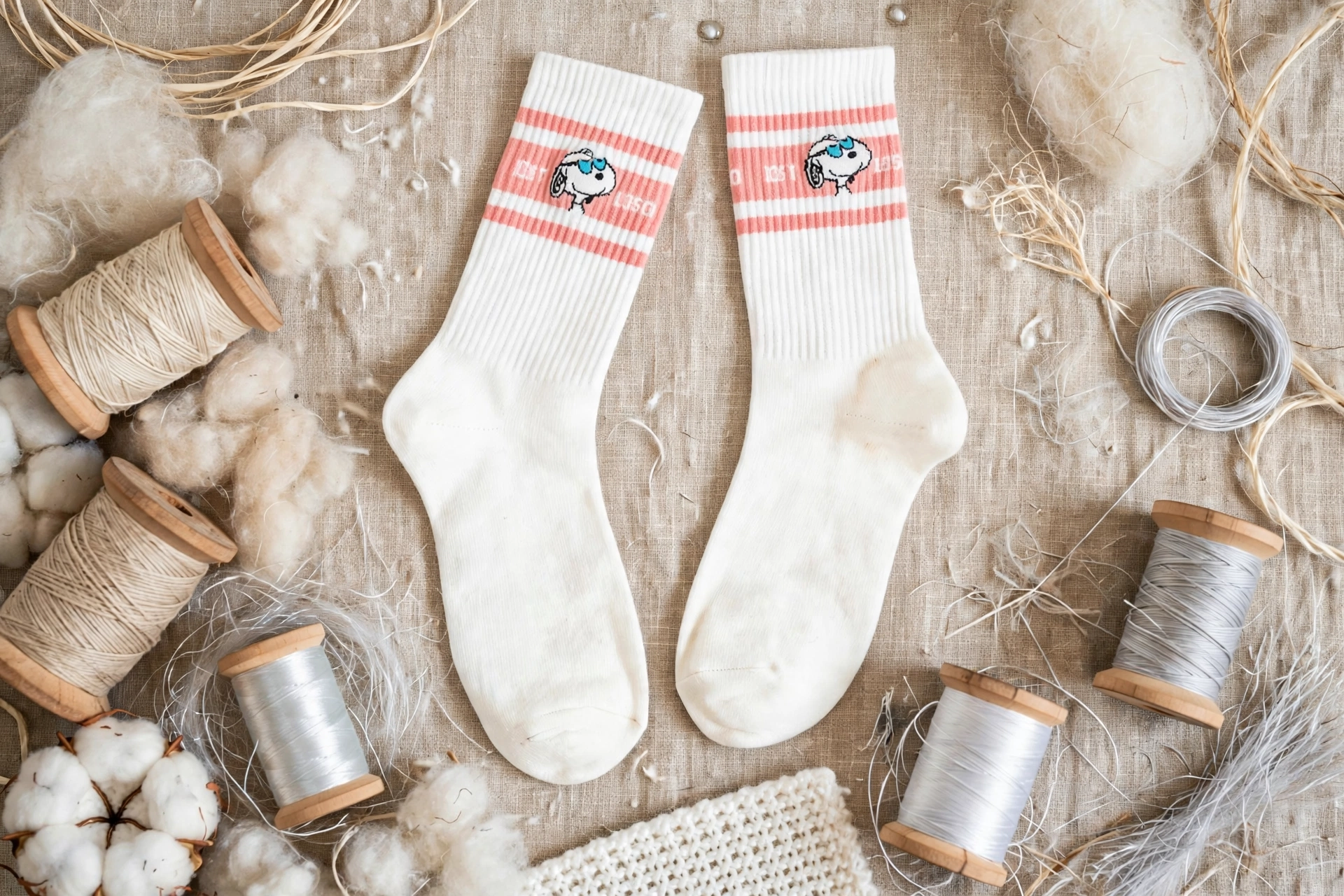 White crew socks with coral pink stripes and cartoon dog with blue sunglasses surrounded by combed cotton bolls, yarn spools, elastane spandex fibers - engineering ultimate comfort materials