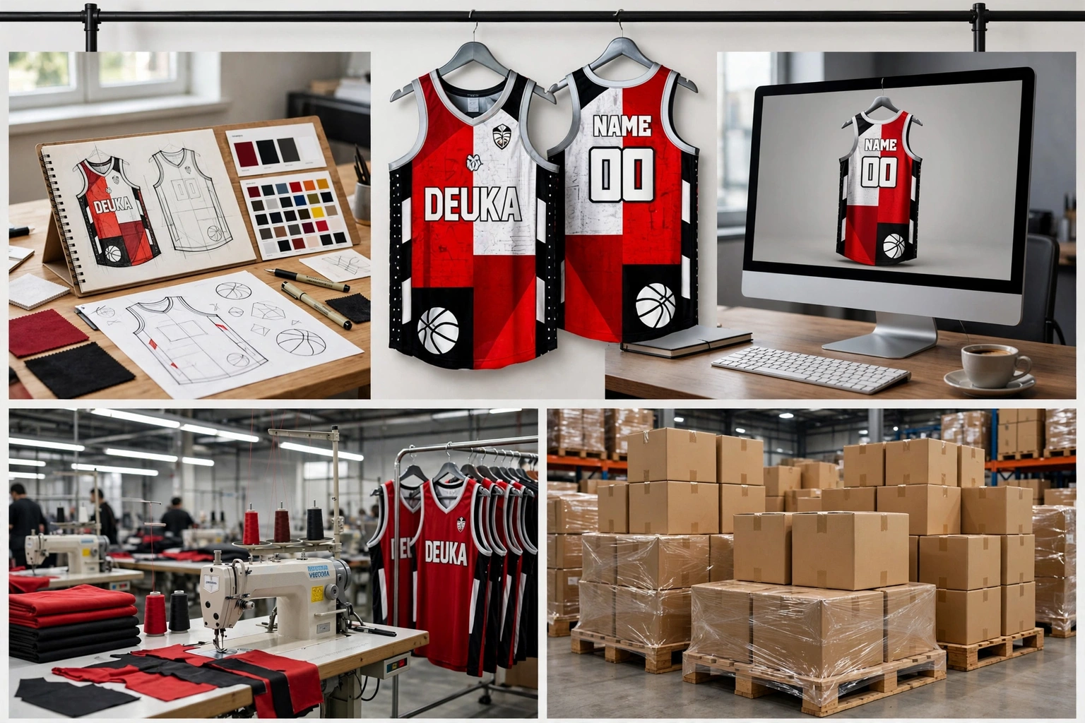 Red DEUKA basketball jerseys 4-step custom order workflow from design concept and 3D mockups to factory production and global delivery