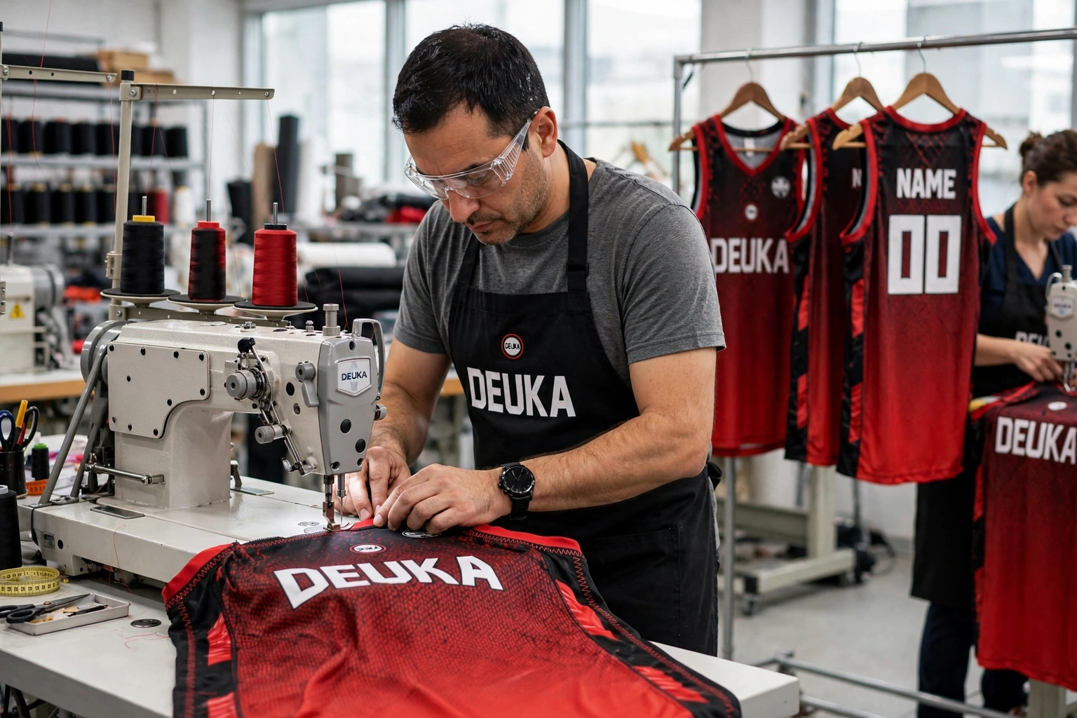 Master tailor performing stitch integrity checks on red DEUKA basketball jerseys using multi-needle industrial sewing machine with reinforced armhole and shoulder seams