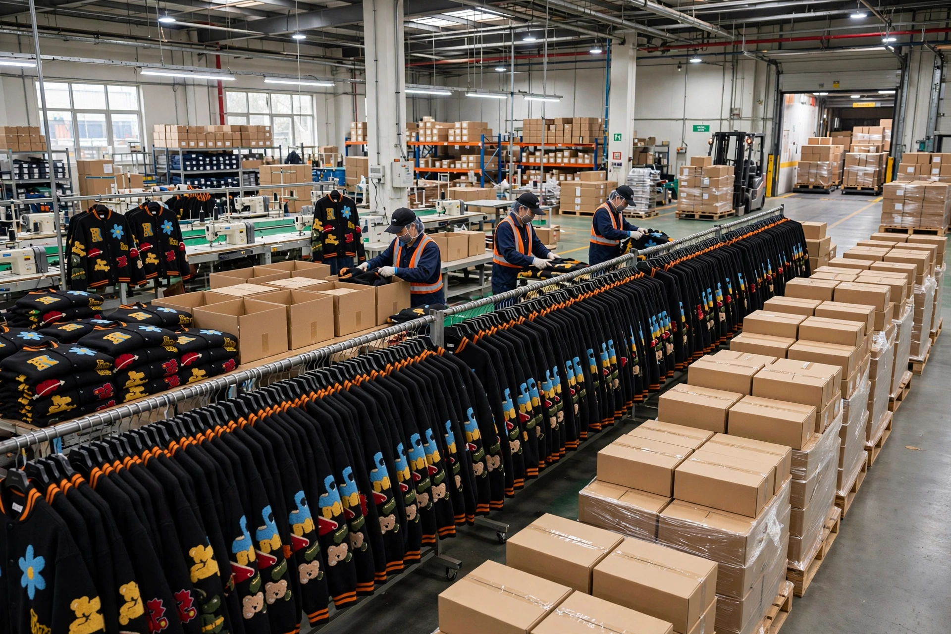 Streamlined varsity jacket production scalability - factory floor with uniform black floral varsity sweaters on racks, quality control packing, and palletized cartons ready for global shipment